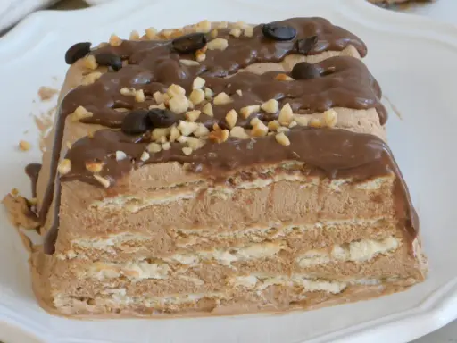 Spumone al caffè a strati, ricoperto di glassa al cioccolato, nocciole tritate e chicchi di caffè.
