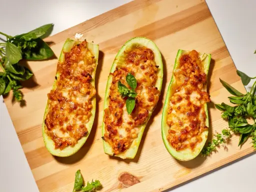 Zucchine ripiene velocissime, dorate e filanti, su tagliere di legno con basilico fresco.