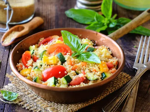 Un piatto colorato con cous cous, pomodori, zucchine e peperoni, perfetto per una ricetta cous cous originale e fresca.