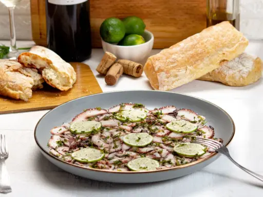 Delizioso carpaccio di polpo, guarnito con fette di lime e erbe aromatiche, pronto per essere gustato con pane fresco e vino.