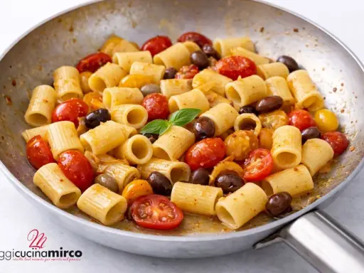 Rigatoni con pomodorini gialli, olive nere e basilico fresco, un piatto semplice e gustoso.