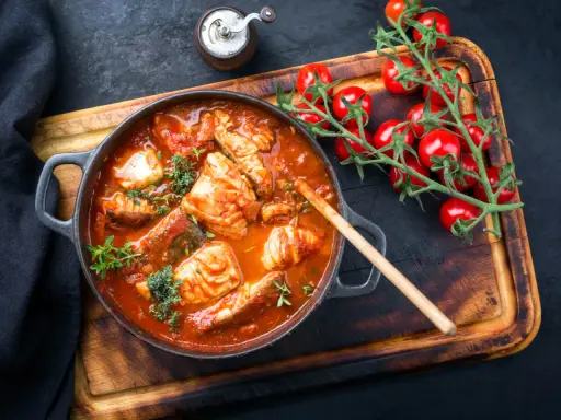 Un invitante guazzetto di pesce in umido, con pomodorini freschi e erbe aromatiche, pronto per essere gustato.