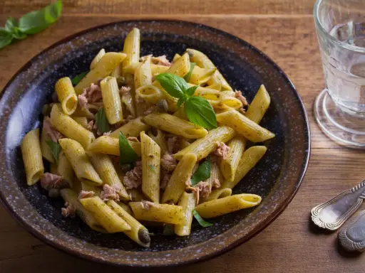 Penne al pesto con tonno, capperi e basilico fresco, un piatto gustoso e veloce.