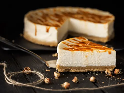 Una fetta di cheesecake senza gelatina, con colatura di caramello, su un piatto scuro.