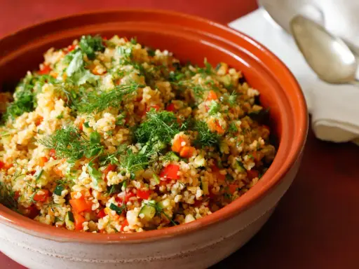 Tabulè di verdure fresco e colorato, con pomodori, zucchine e erbe aromatiche, servito in una ciotola di terracotta.