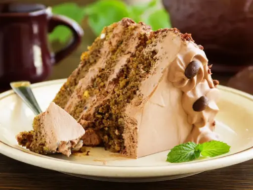 Una fetta di torta al cioccolato con abbondante crema al latte, guarnita con chicchi di caffè e una fogliolina di menta.