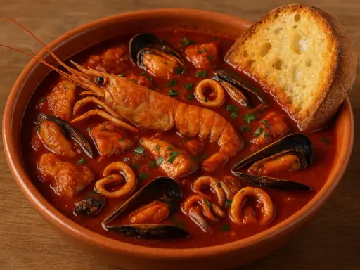 Un invitante cacciucco alla livornese, ricco di pesce fresco, cozze, gamberi e anelli di calamaro, servito con una fetta di pane tostato.