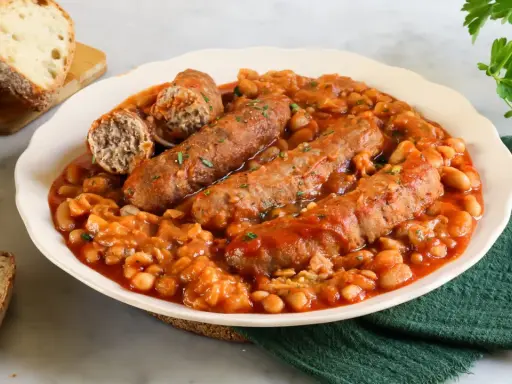 Piatto di salsiccia e fagioli in umido, servito con pane tostato.