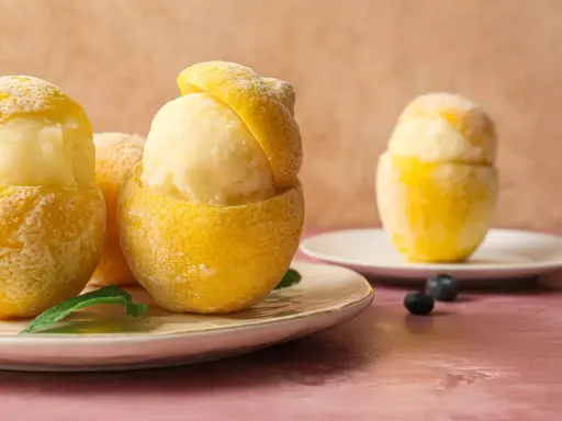 Sorbetto al limone senza albume servito in scorze di limone ghiacciate, guarnito con foglioline di menta e mirtilli.