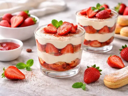 Delizioso tiramisù alle fragole in coppetta, con strati di savoiardi, crema e fragole fresche, guarnito con menta.