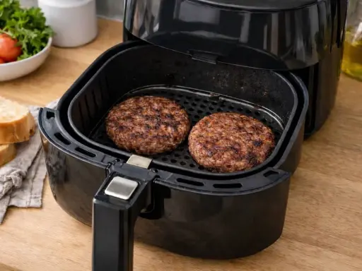 Due hamburger succulenti cuociono nella friggitrice ad aria, pronti per essere serviti con pane tostato e pomodorini.