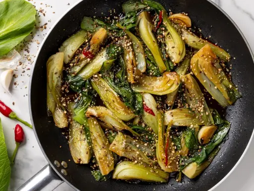 Verdure in padella, bok choy saltato con aglio, peperoncino e semi di sesamo, un piatto saporito e colorato.