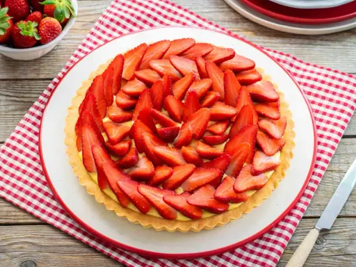 Deliziosa crostata di fragole con crema pasticcera, decorata con fragole fresche affettate. Un dolce estivo perfetto.