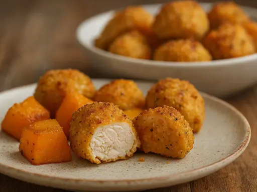 Bocconcini di pollo in friggitrice ad aria, croccanti fuori e succosi dentro, serviti con cubetti di zucca arrostita.