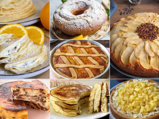 Collage di dolci: crepes alla ricotta, torta di mele, pastiera, ciambellone, cheesecake alla frutta e pancake.