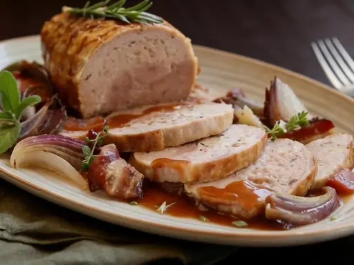 Un succulento arrosto di tacchino affettato, servito con cipolle rosse caramellate e un rametto di rosmarino.