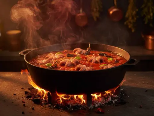 Polipetti in umido, cotti lentamente su un fuoco vivo, emanano un profumo invitante. Un vero e proprio "purgatorio" culinario per un piatto delizioso.