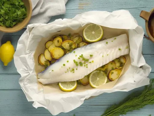 Ombrina al forno con patate e limone, un piatto leggero e gustoso, pronto per essere gustato.