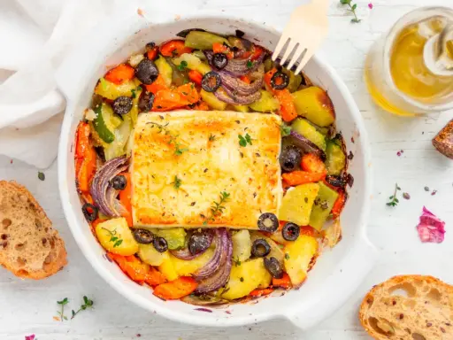 Feta al forno con verdure miste, olive nere e erbe aromatiche, accompagnata da pane rustico e olio d'oliva.