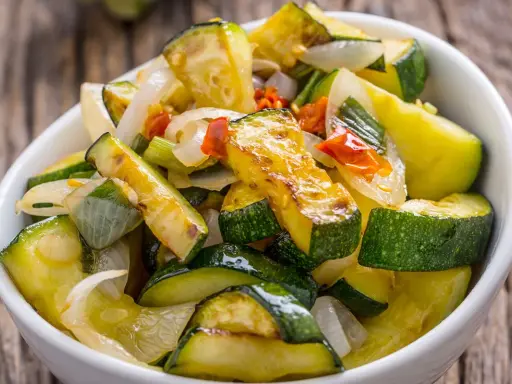 Zucchine in padella, dorate e saporite, con cipolla e pomodoro. Un contorno leggero e gustoso.