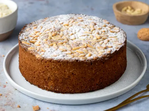 Torta soffice con farina di mandorle, guarnita con pinoli e zucchero a velo. Perfetta per ogni occasione.