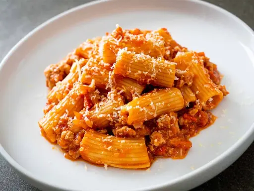 Piatto di rigatoni conditi con un ricco ragù, spolverati di parmigiano. La pasta alla zozzona ricetta perfetta per un pranzo gustoso.