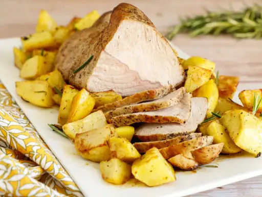 Un succulento arrosto di vitello affettato, servito su un piatto bianco con patate arrosto dorate e rametti di rosmarino.