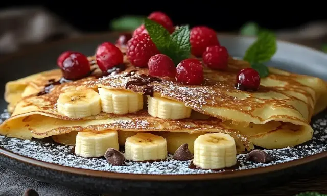 Deliziose crepes dolci con banane, lamponi, sciroppo al cioccolato e zucchero a velo. Una ricetta perfetta per una colazione speciale.
