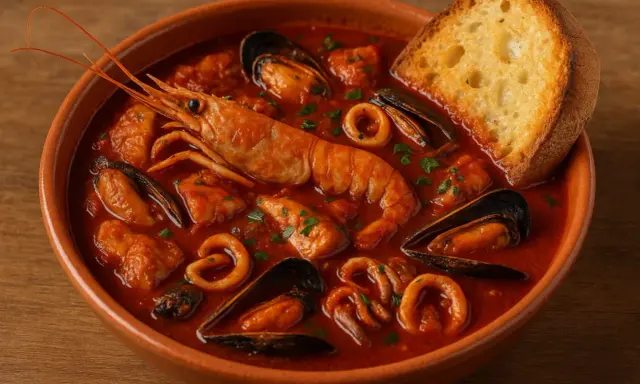 Un invitante cacciucco alla livornese, ricco di pesce fresco, cozze, gamberi e anelli di calamaro, servito con una fetta di pane tostato.