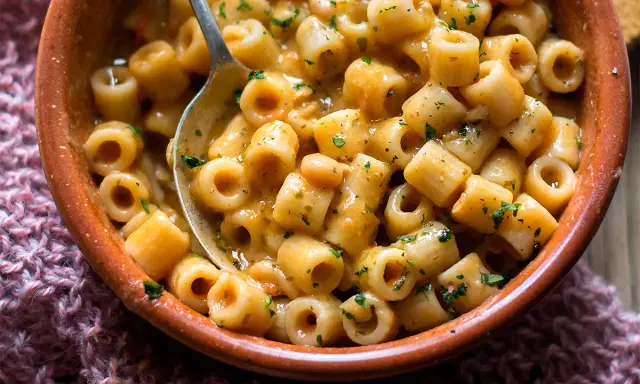 Un piatto fumante di pasta e fagioli, con ditalini e fagioli bianchi in un sugo cremoso, guarnito con prezzemolo tritato.