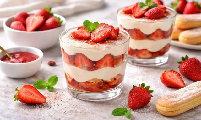 Delizioso tiramisù alle fragole in coppetta, con strati di savoiardi, crema e fragole fresche, guarnito con menta.