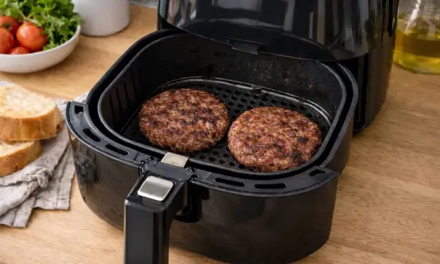 Due hamburger succulenti cuociono nella friggitrice ad aria, pronti per essere serviti con pane tostato e pomodorini.
