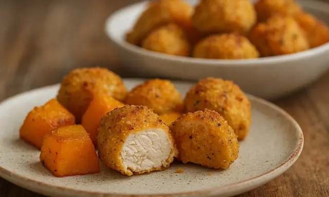 Bocconcini di pollo in friggitrice ad aria, croccanti fuori e succosi dentro, serviti con cubetti di zucca arrostita.