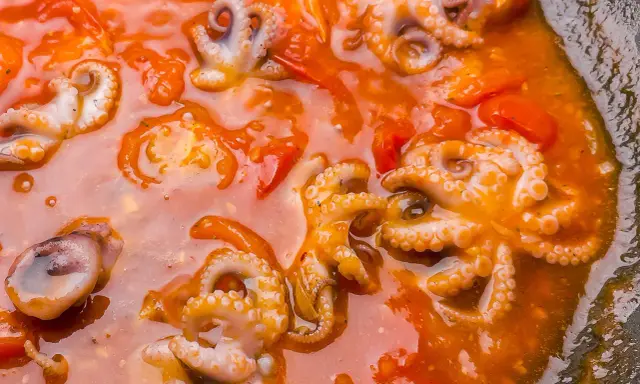 Piccolo polpo alla luciana in un sugo rosso ricco, con tentacoli visibili e pomodorini.