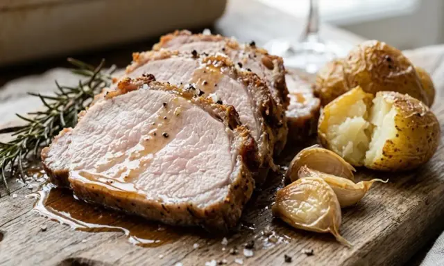 Arista di maiale succulenta affettata su tagliere di legno, con patate arrosto, aglio e rosmarino.