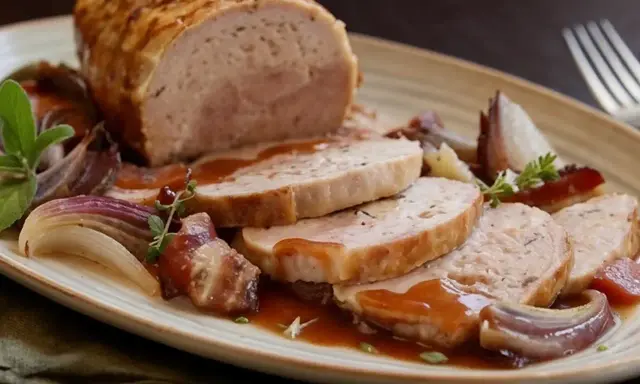 Un succulento arrosto di tacchino affettato, servito con cipolle rosse caramellate e un rametto di rosmarino.