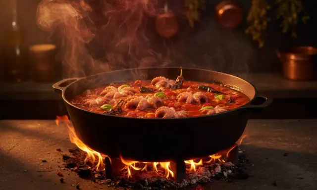Polipetti in umido, cotti lentamente su un fuoco vivo, emanano un profumo invitante. Un vero e proprio "purgatorio" culinario per un piatto delizioso.