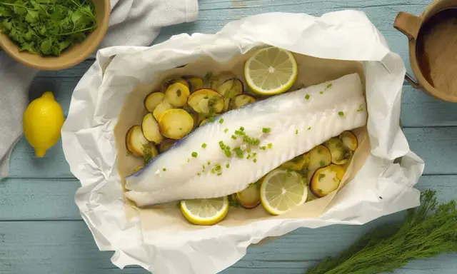 Ombrina al forno con patate e limone, un piatto leggero e gustoso, pronto per essere gustato.