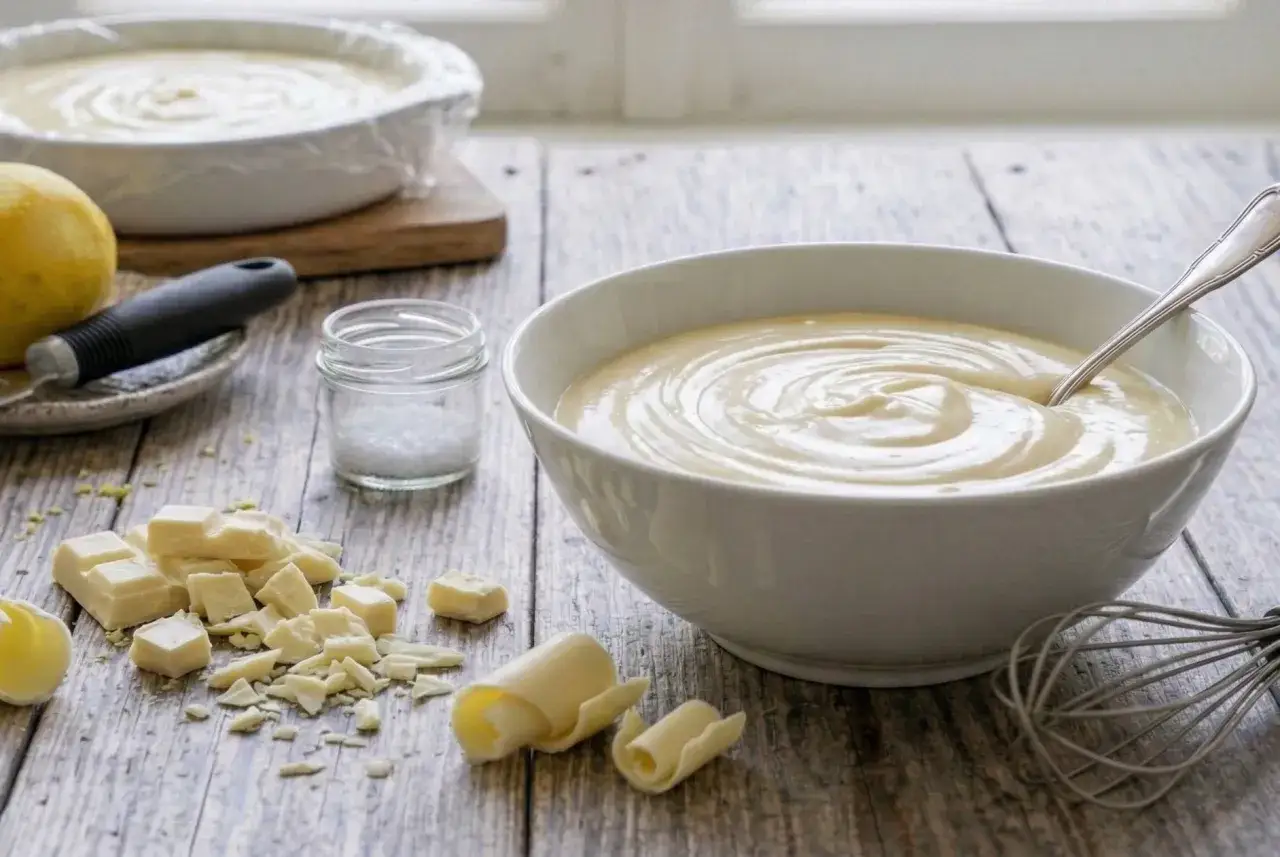 Una ciotola piena di soffice crema al latte, con ingredienti come cioccolato bianco e limone sparsi sul tavolo, pronti per creare un dolce delizioso.