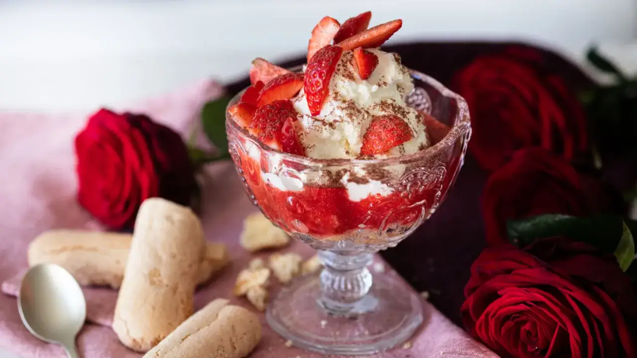 Un delizioso dolce San Valentino facile con fragole e panna, decorato con cacao e accompagnato da savoiardi e rose rosse.