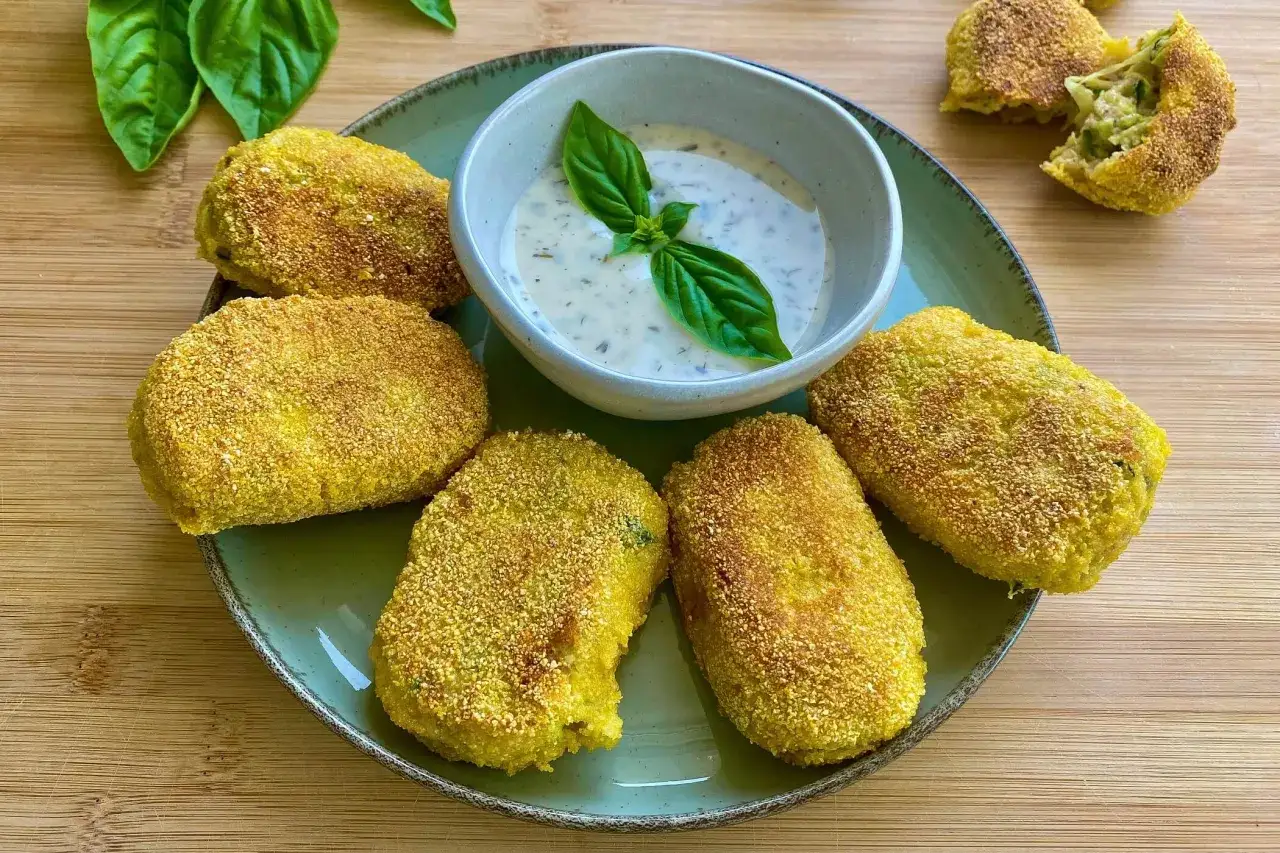Polpette di zucchine grattugiate in padella, dorate e croccanti, servite con una salsa cremosa e basilico fresco.