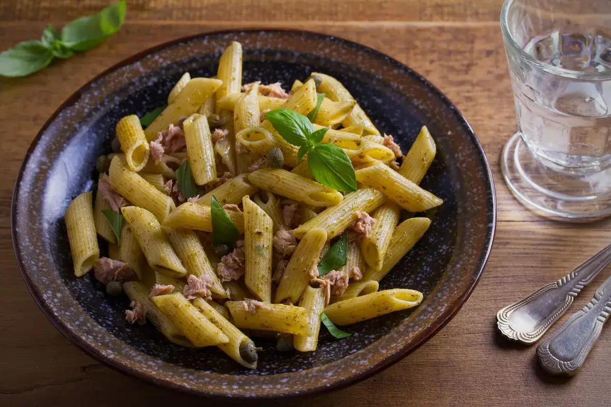 Piatto di pasta al pesto e tonno, guarnito con basilico fresco e capperi. Un bicchiere d'acqua e posate completano la scena.