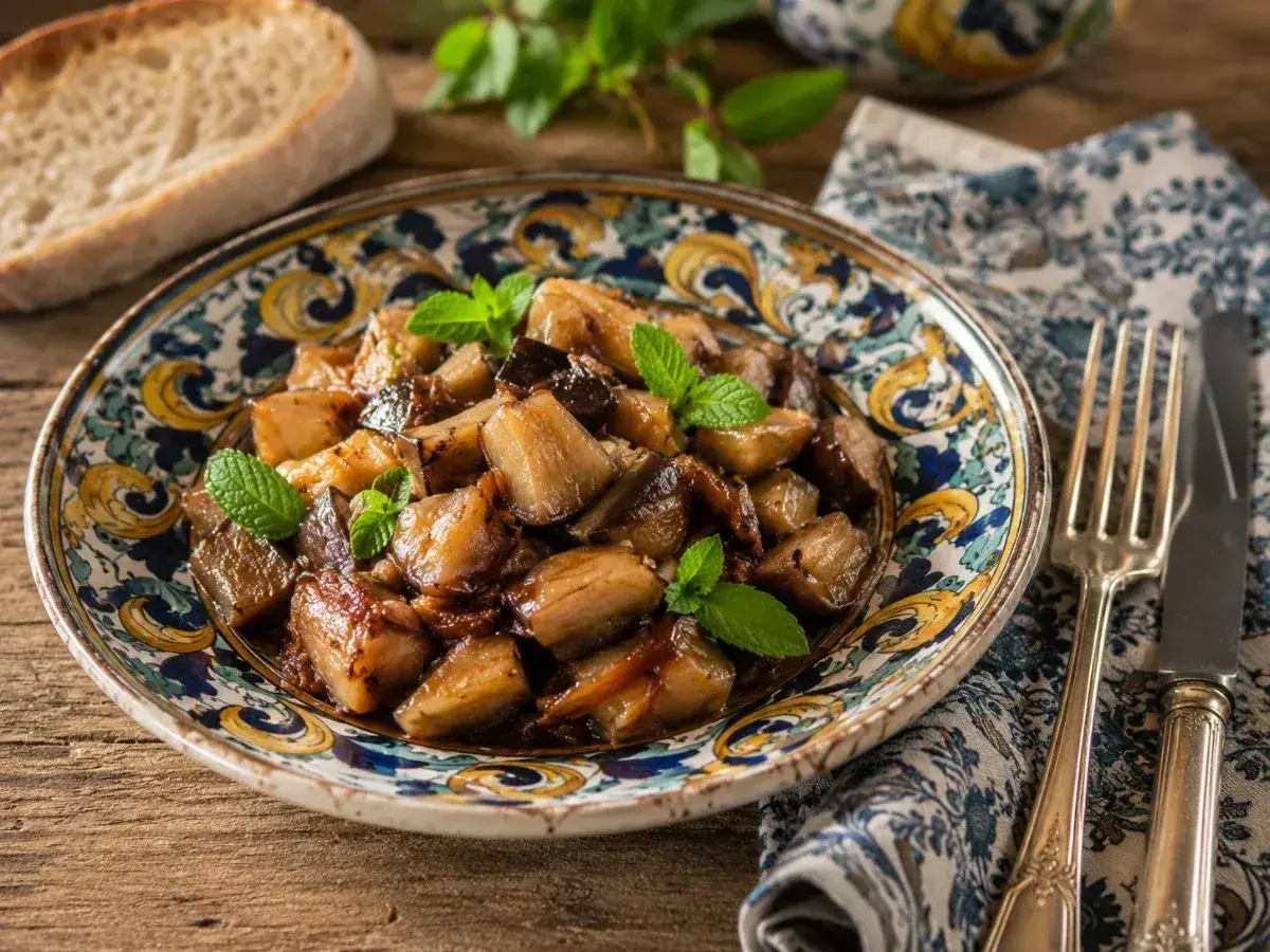 Un piatto di melanzane in agrodolce, guarnite con menta fresca, su un tavolo di legno.