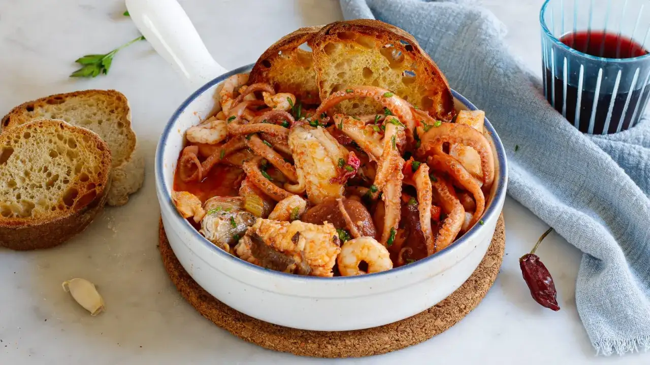 Un invitante cacciucco alla livornese, ricco di polpo, pesce e crostacei, servito con pane tostato e un bicchiere di vino rosso.