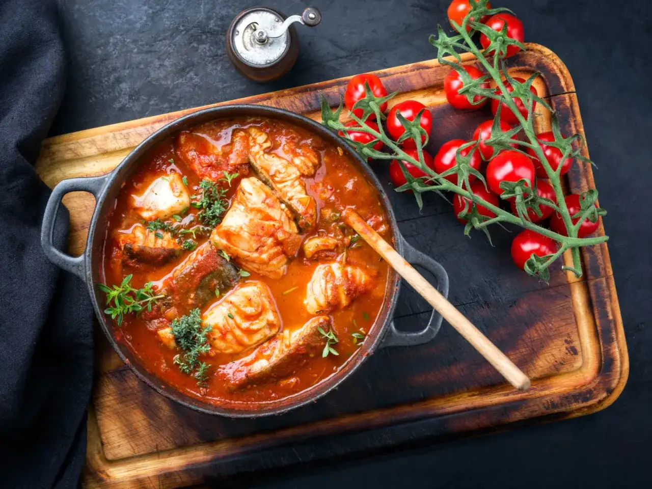 Un invitante guazzetto di pesce in un tegame di ghisa, con pomodorini freschi e erbe aromatiche.