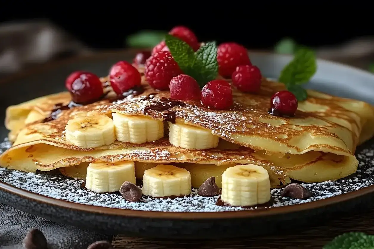 Deliziosa ricetta crepes dolci con banane, lamponi, sciroppo al cioccolato e zucchero a velo.