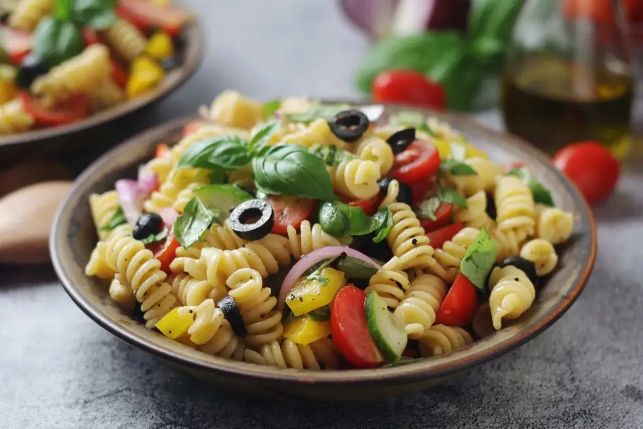 Un piatto invitante di pasta fredda saporita con fusilli, pomodorini, olive nere, peperoni gialli, cipolla rossa e basilico fresco.