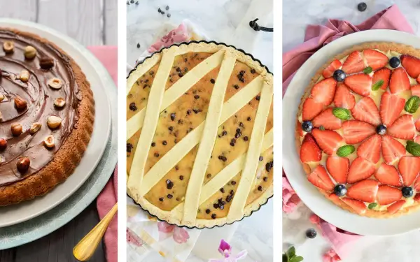 Tre deliziose crostate senza glutine: una al cioccolato e nocciole, una con gocce di cioccolato e crema, e una con fragole fresche e crema.