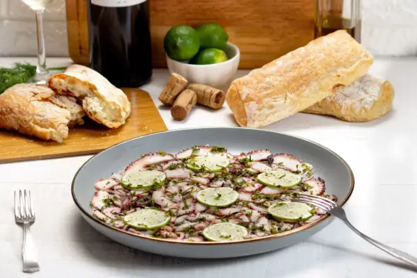 Delizioso carpaccio di polpo, guarnito con fette di lime e erbe aromatiche, pronto per essere gustato con pane fresco e vino.