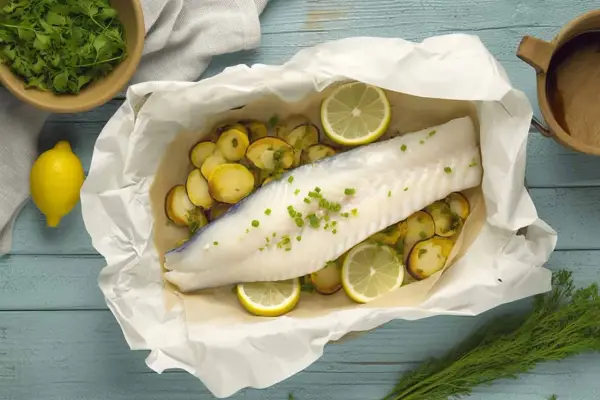 Ombrina al forno con patate e limone, un piatto leggero e gustoso, pronto per essere gustato.